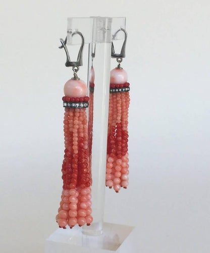 Two Tone Red Coral Tassel Earrings with Diamonds and 14 K White Gold