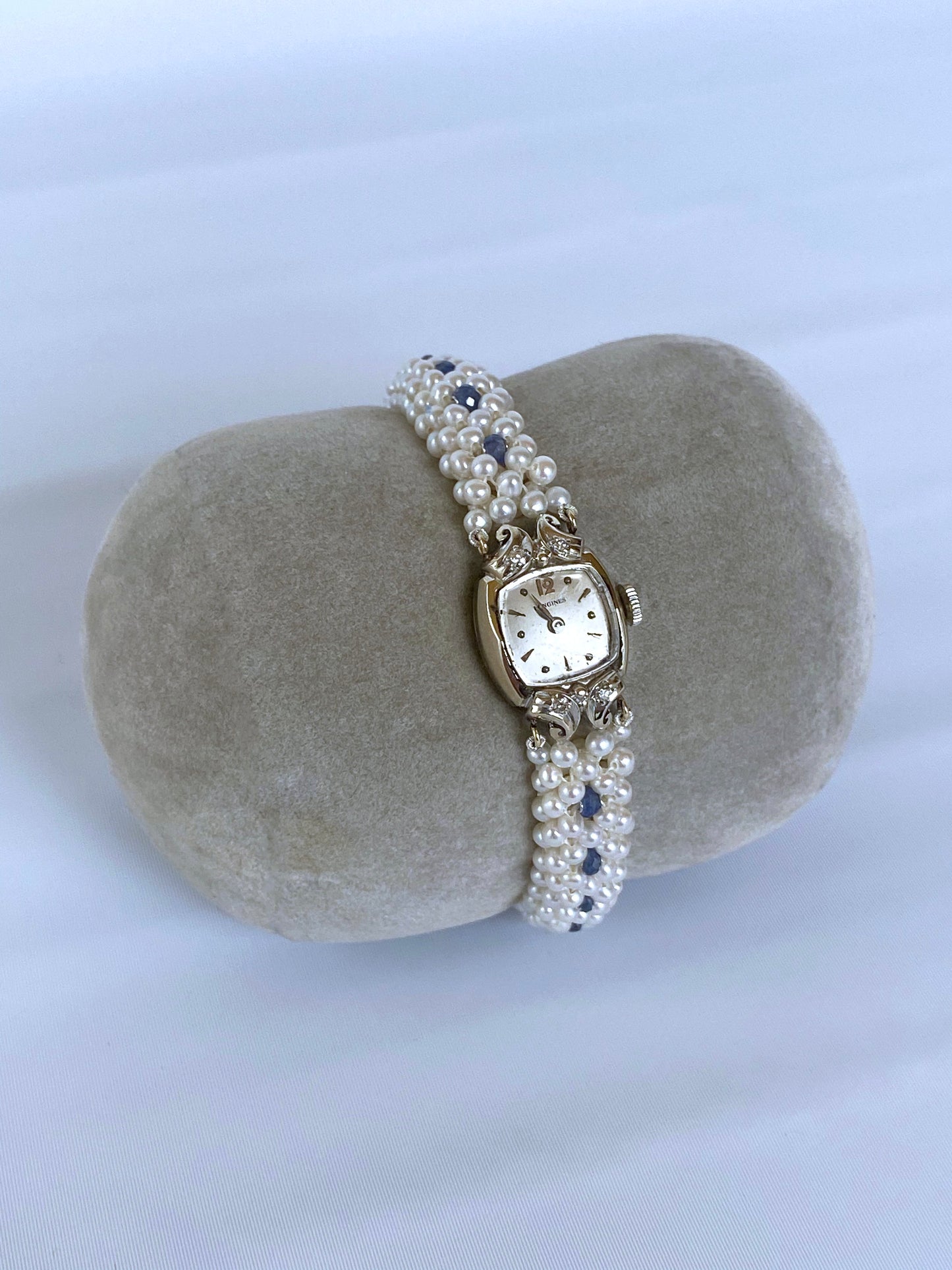 Antique 14k Longines Diamond Encrusted Watch with Blue Sapphire and Pearl Band