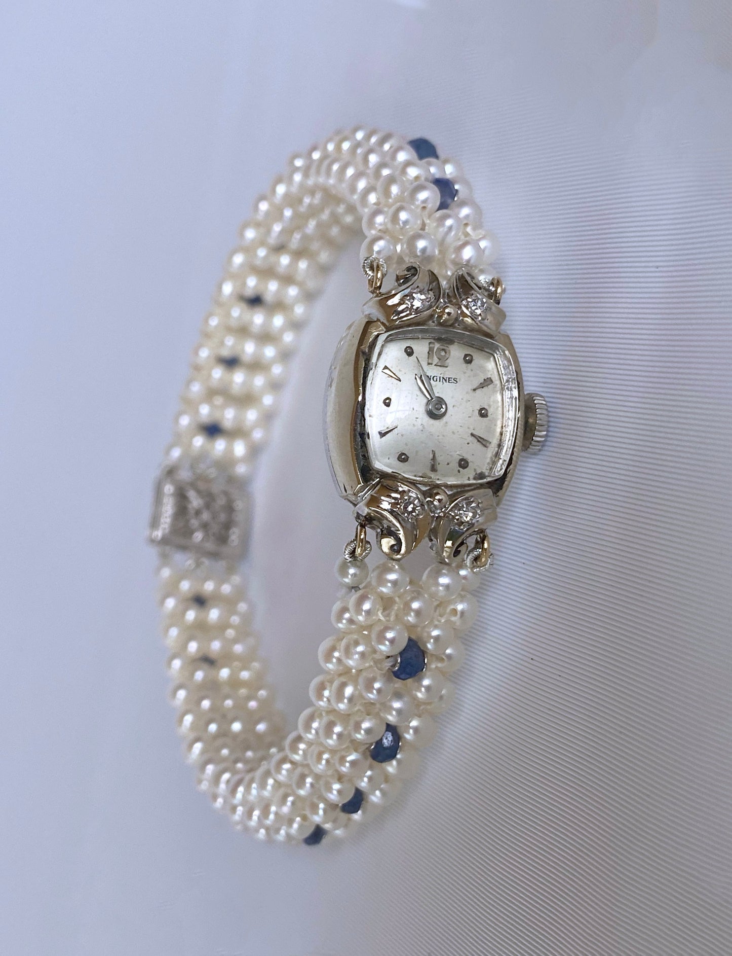 Antique 14k Longines Diamond Encrusted Watch with Blue Sapphire and Pearl Band