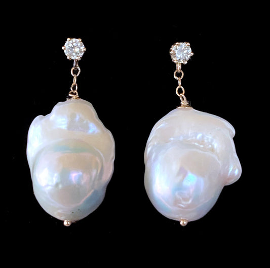 Diamond Studded Pearl Earrings with 14k Solid Gold
