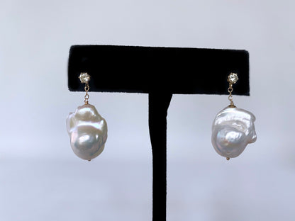 Diamond Studded Pearl Earrings with 14k Solid Gold