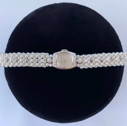 Woven Pearl Band with Vintage 14k White Gold Diamond encrusted Watch
