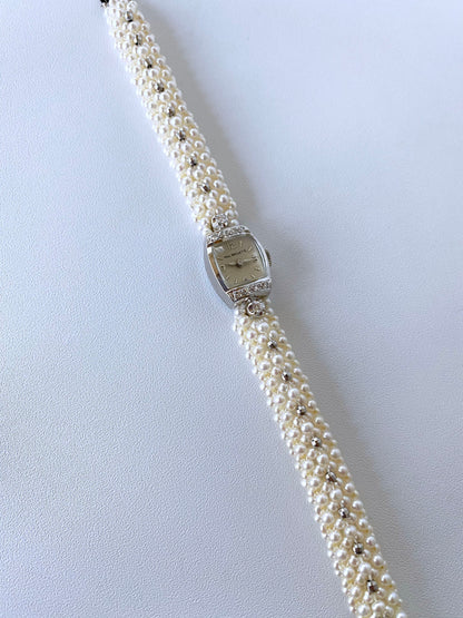 Woven Pearl Band with Vintage 14k White Gold Diamond encrusted Watch