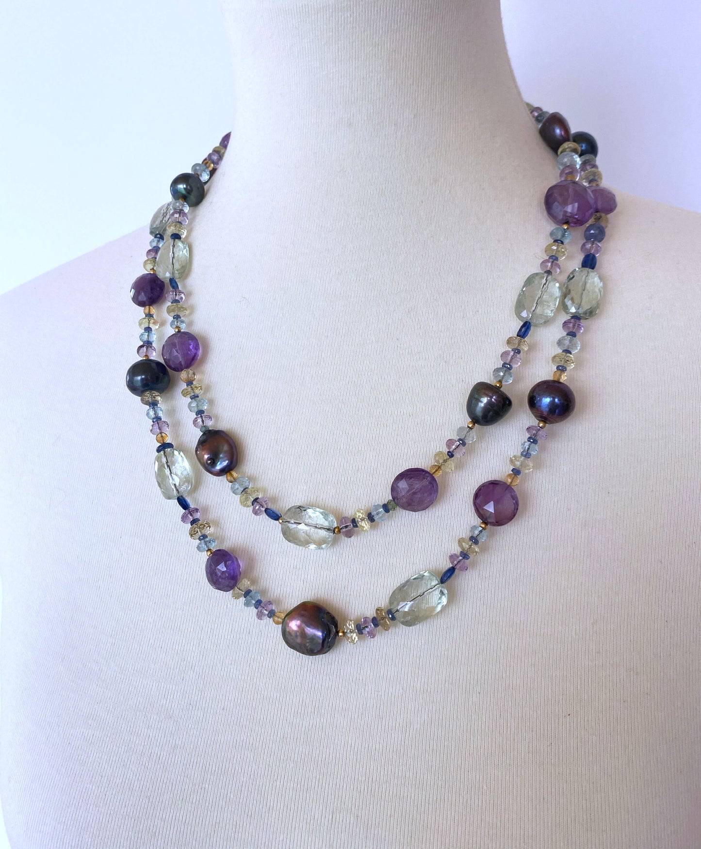 Marina J Black Pearl Sautoir with Semi-Precious Beads, gold parts and tassel