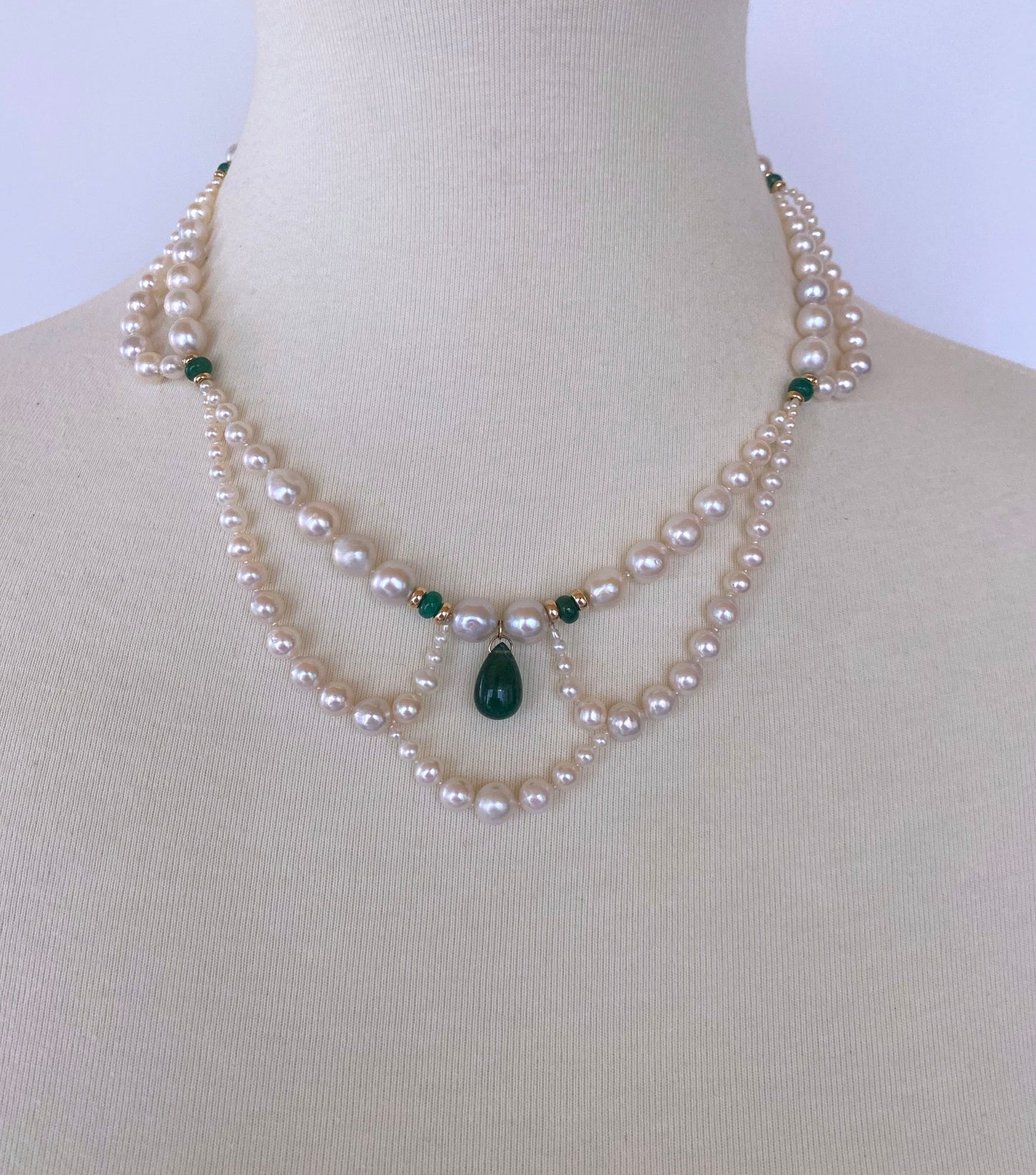 Graduated & Draped Pearl, Emerald Necklace with 14K Yellow Gold