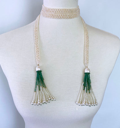 Pearl Woven Sautoir with Graduated 14k and Emerald Tassels