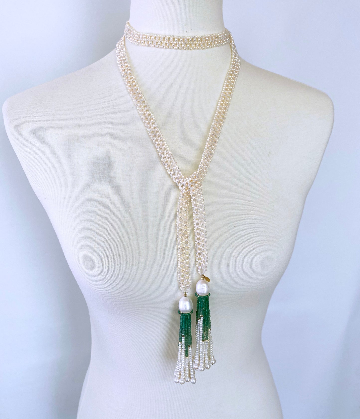 Pearl Woven Sautoir with Graduated 14k and Emerald Tassels