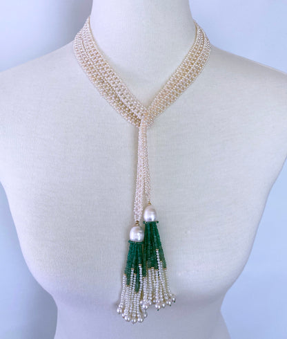 Pearl Woven Sautoir with Graduated 14k and Emerald Tassels