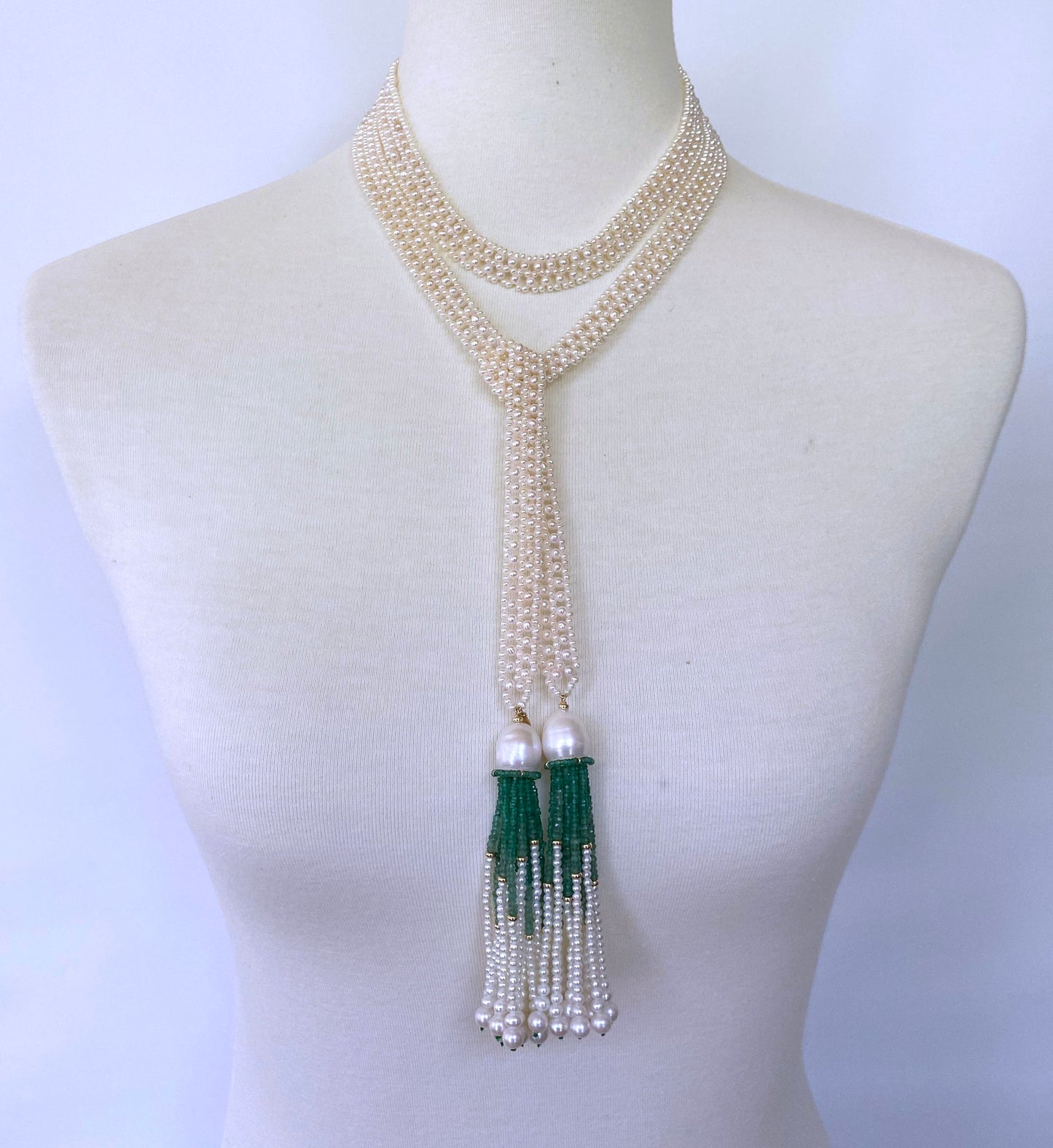 Pearl Woven Sautoir with Graduated 14k and Emerald Tassels