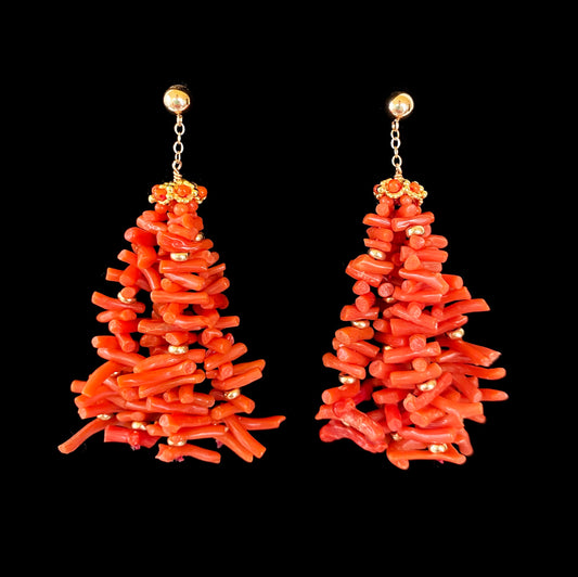 Coral & solid 14k Yellow Gold Tassel Earrings