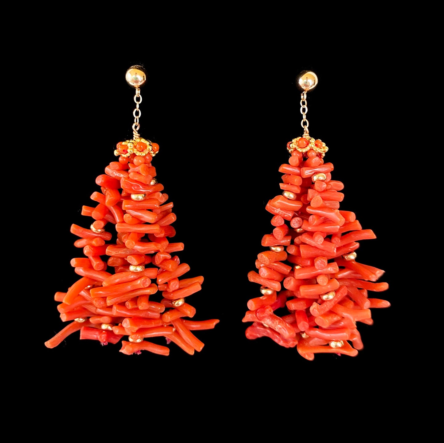 Coral & solid 14k Yellow Gold Tassel Earrings