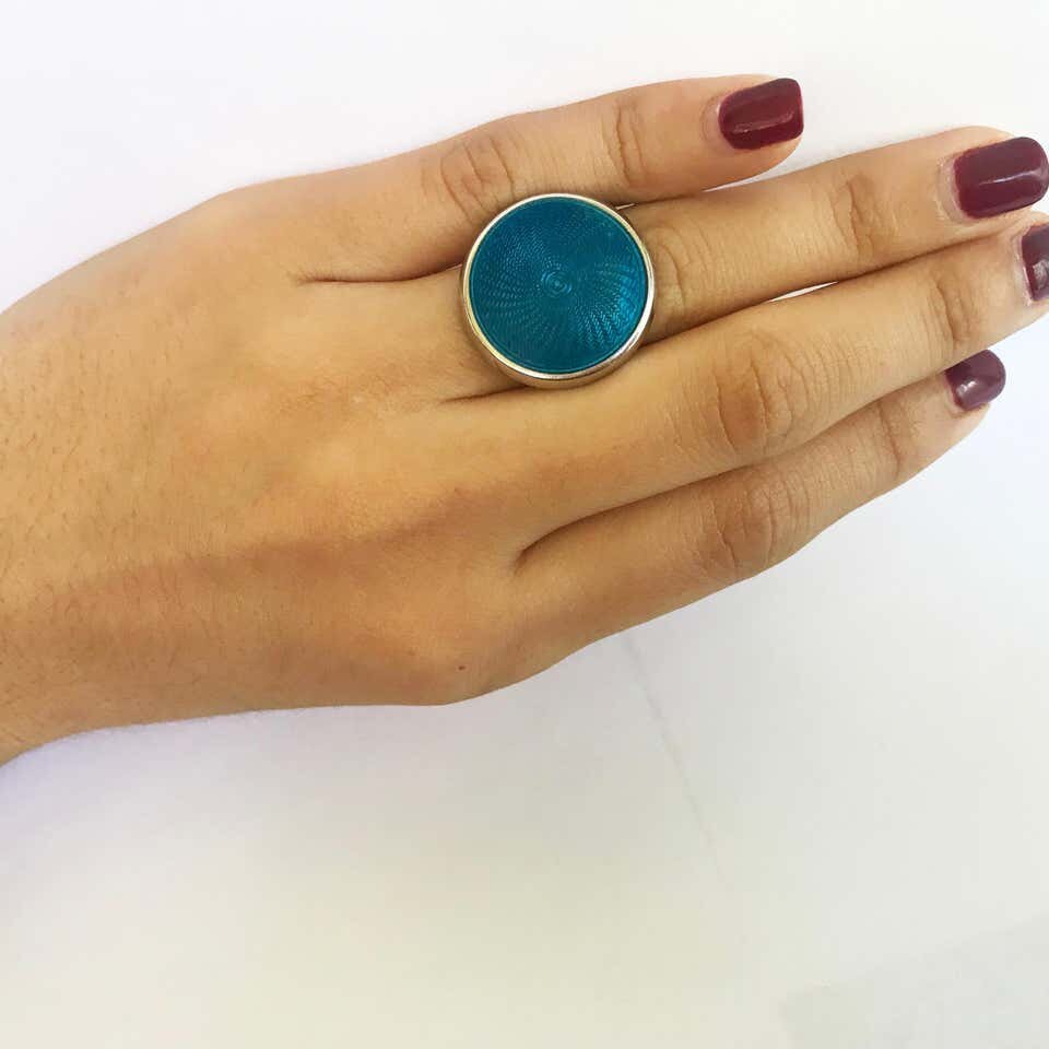 Turquoise Color Enamel Ring with Sterling Silver & 14 Karat Gold Band