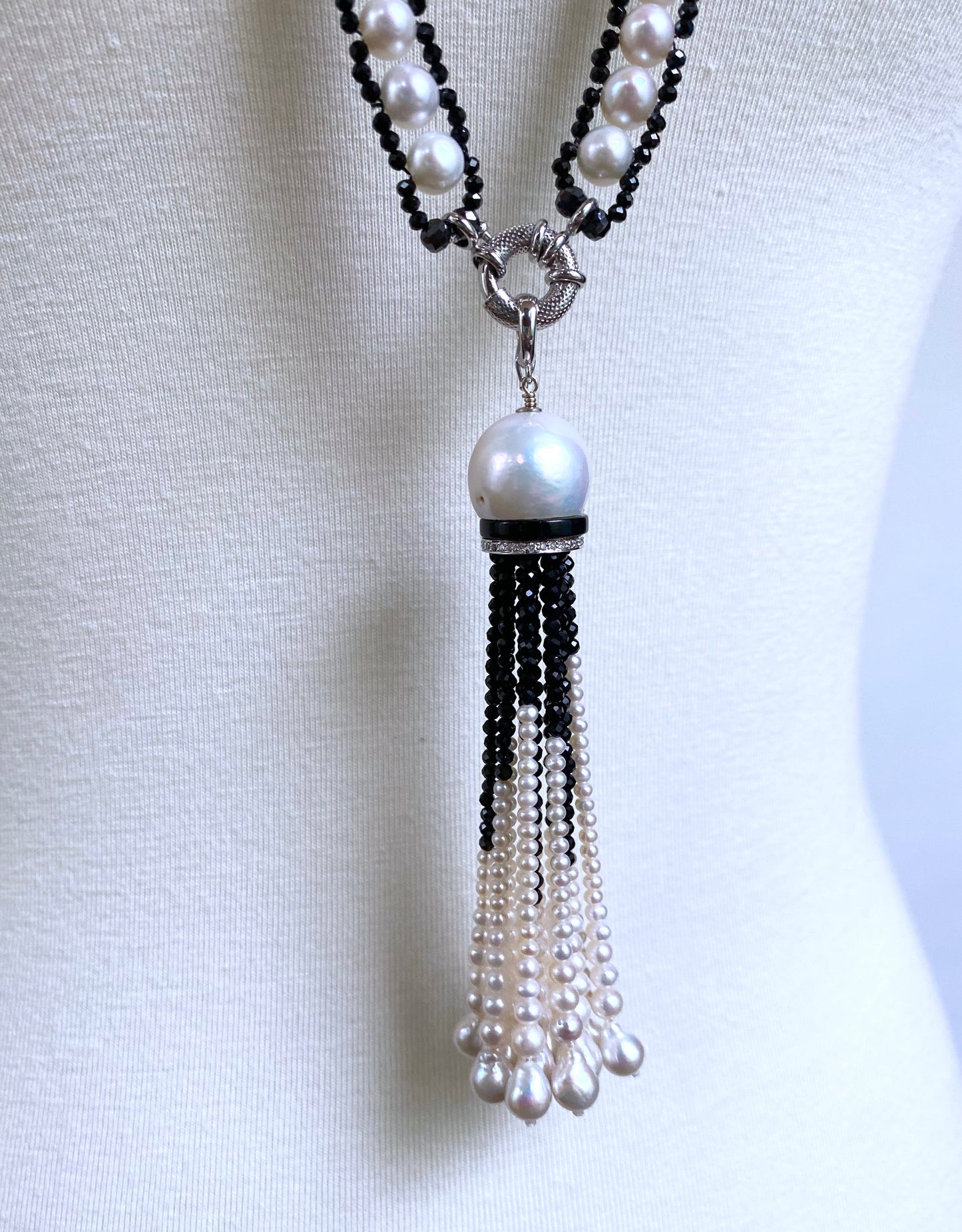 Pearl, Faceted Black Spinel & 14k White Gold Sautoir