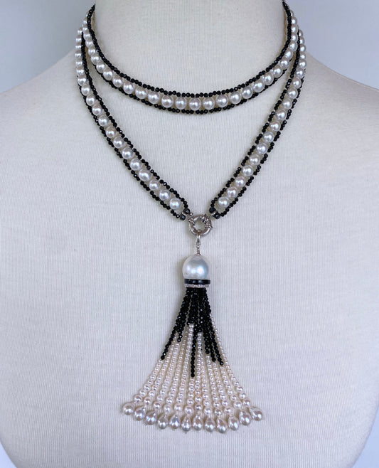 Pearl, Faceted Black Spinel & 14k White Gold Sautoir