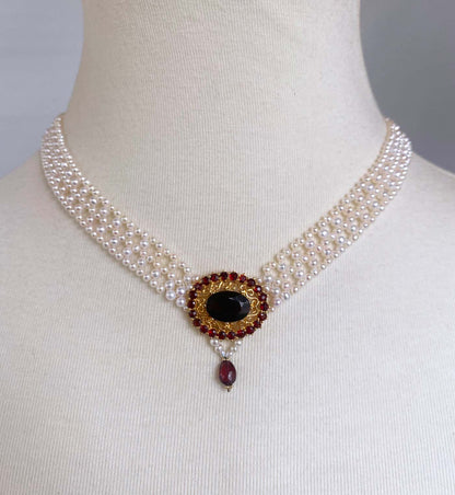 Pearl Woven Necklace with Gold Plated Vintage Garnet Brooch