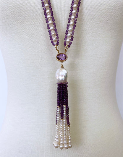 Pearl, Amethyst and 14k Yellow Gold Sautoir with Tassel