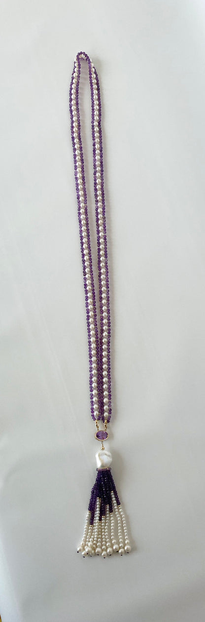 Pearl, Amethyst and 14k Yellow Gold Sautoir with Tassel