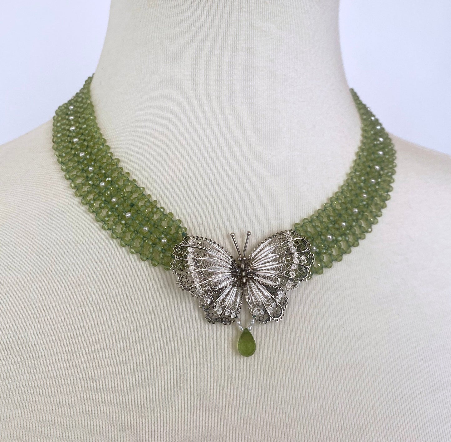 Peridot and Pearl Necklace with Vintage Silver Brooch Centerpiece