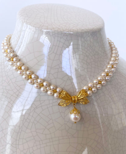 Pearl and 14K Gold Plated Necklace with Centerpiece