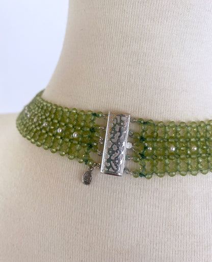 Peridot and Pearl Necklace with Vintage Silver Brooch Centerpiece