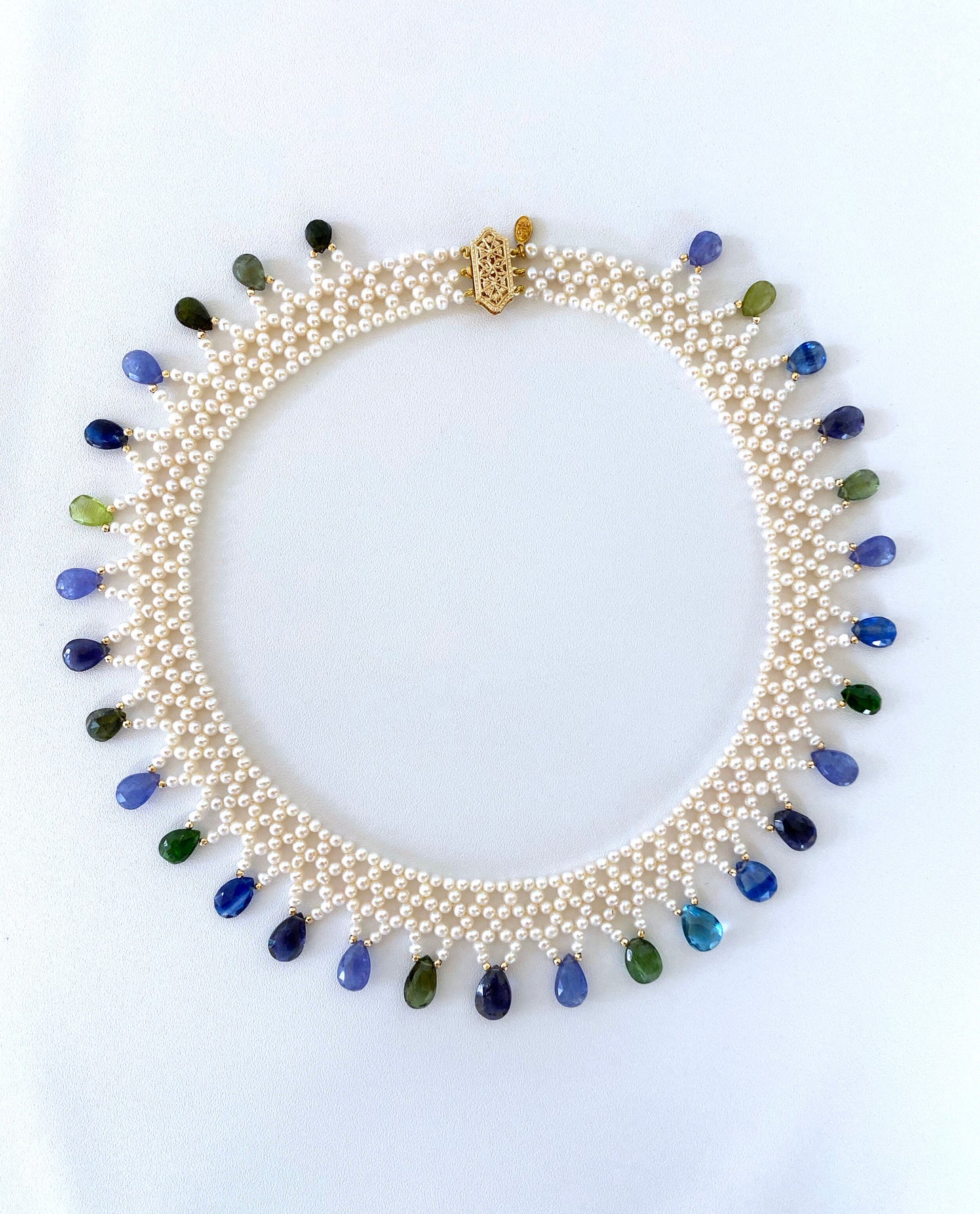 Hand Woven Multi Jewel and Pearl Necklace with 14K Yellow Gold