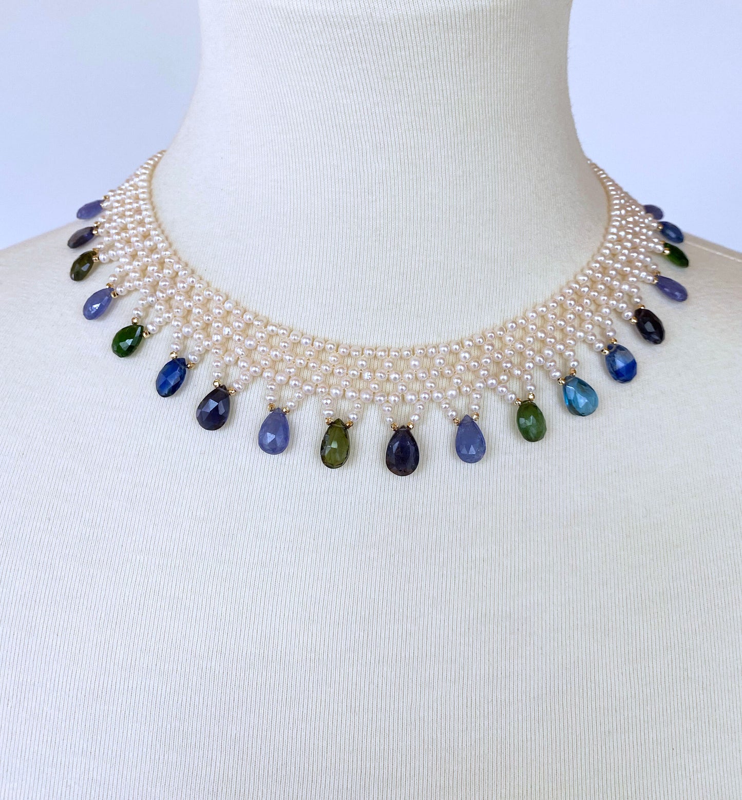 Hand Woven Multi Jewel and Pearl Necklace with 14K Yellow Gold