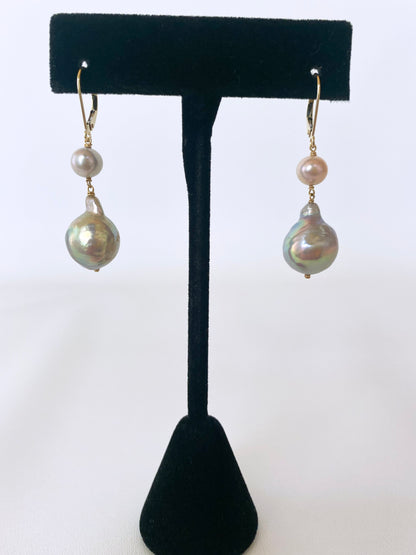 Grey Pearl and 14k Yellow Gold Lever Back Hooks
