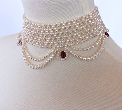 Woven Pearl Choker with Pearl Drapes, Garnet Briolettes and 14 K Gold