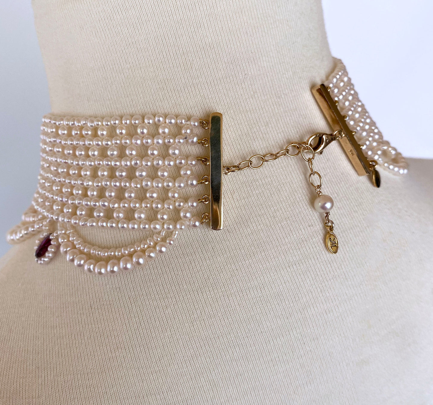 Woven Pearl Choker with Pearl Drapes, Garnet Briolettes and 14 K Gold
