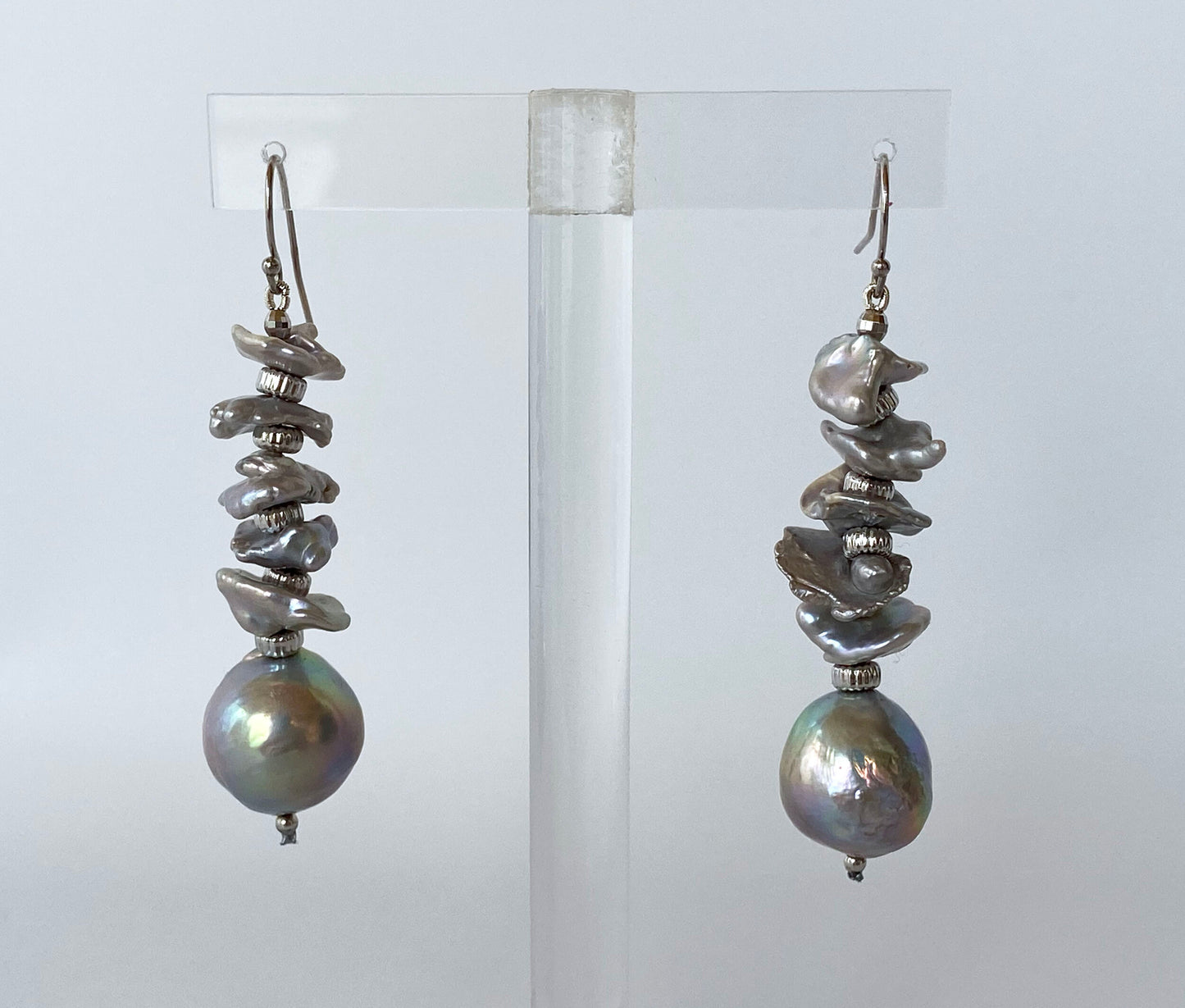 Baroque Pearl Dangle Earrings with Iridescent Grey Pearl and 14K Gold