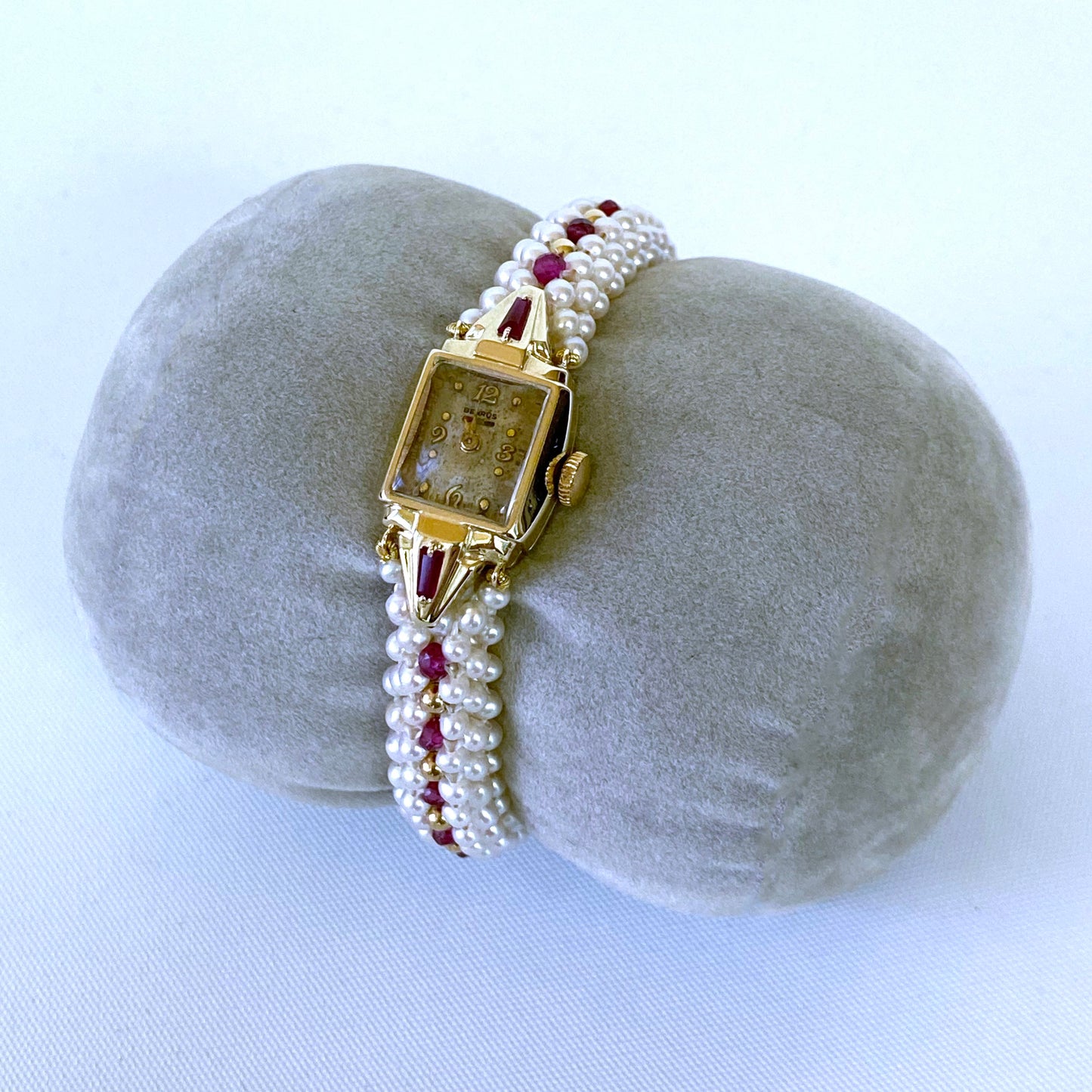 Vintage 14k Yellow Gold Watch with Woven Pearl, Ruby Band & Gold Clasp