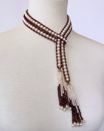 Pearl, Garnet and 14K Yellow Gold Woven Sautoir with Lavish Tassels