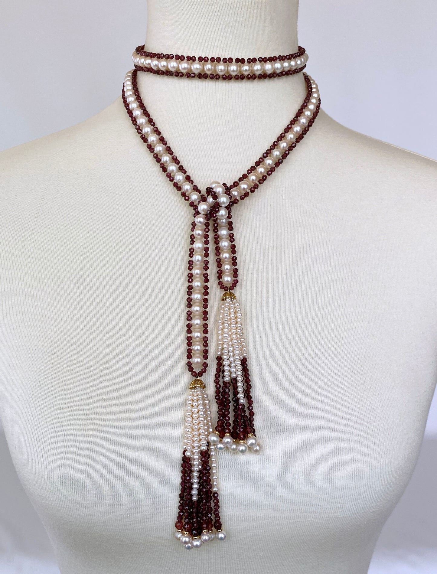 Pearl, Garnet and 14K Yellow Gold Woven Sautoir with Lavish Tassels