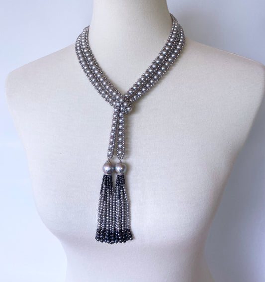 All Grey Pearl Woven Sautoir with 14k White Gold