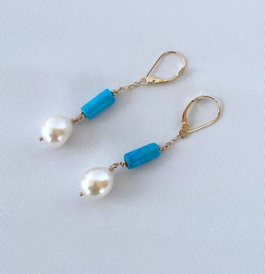 14k, Turquoise & Baroque Pearl Lever Back Earrings