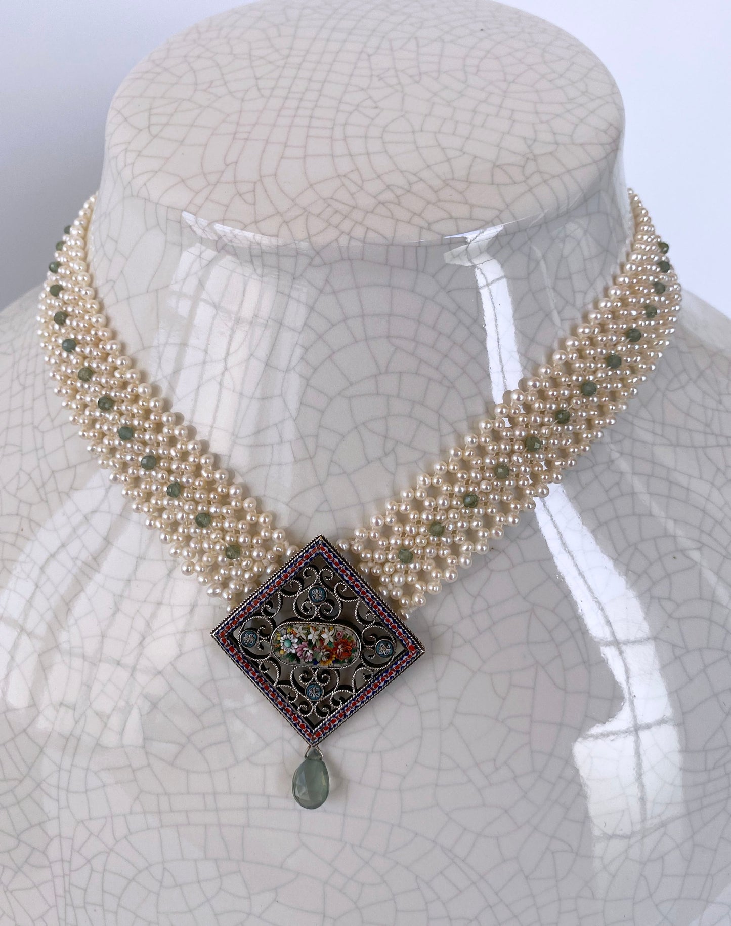 One of a kind Woven Pearl Necklace with Vintage Mosaic Centerpiece Status: Published - Marketplace