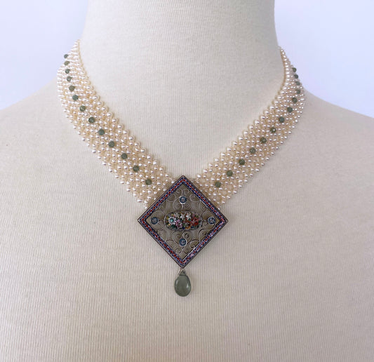 One of a kind Woven Pearl Necklace with Vintage Mosaic Centerpiece Status: Published - Marketplace