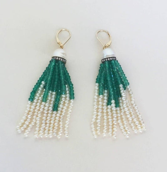 Pearl with Diamonds and Green Onyx Tassel Earrings