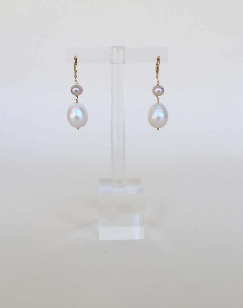 White and Grey Pearl Drop Earrings with 14 K Yellow Gold Lever Backs