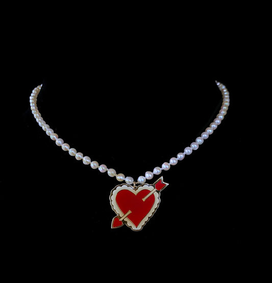 Valentine's Pearl Strung Necklace with Vintage Pendant