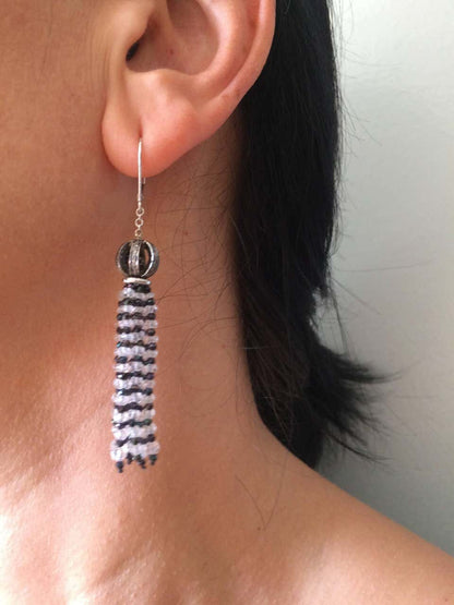 Diamond Encrusted Lever Back Earrings with Quartz and Black Spinel Tassels