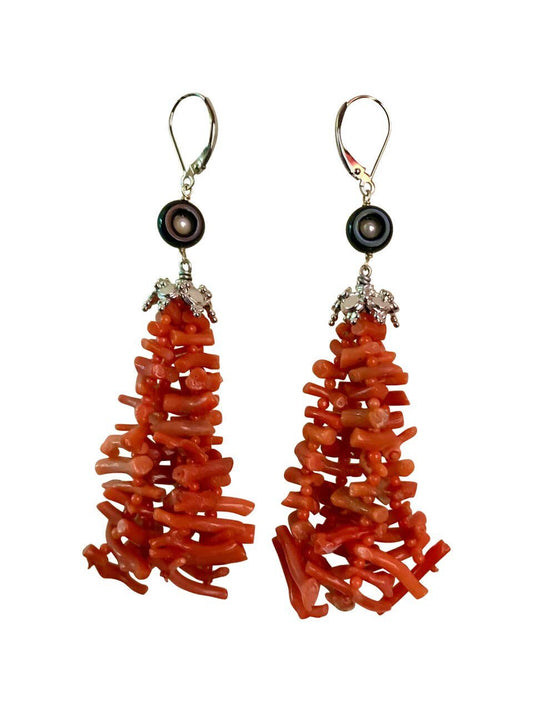 Coral Tassel Earrings with Black Onyx and Pearl and 14k White Gold