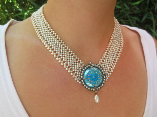Marina J One of a kind Woven Pearl Necklace with Antique Blue Enamel Centerpiece