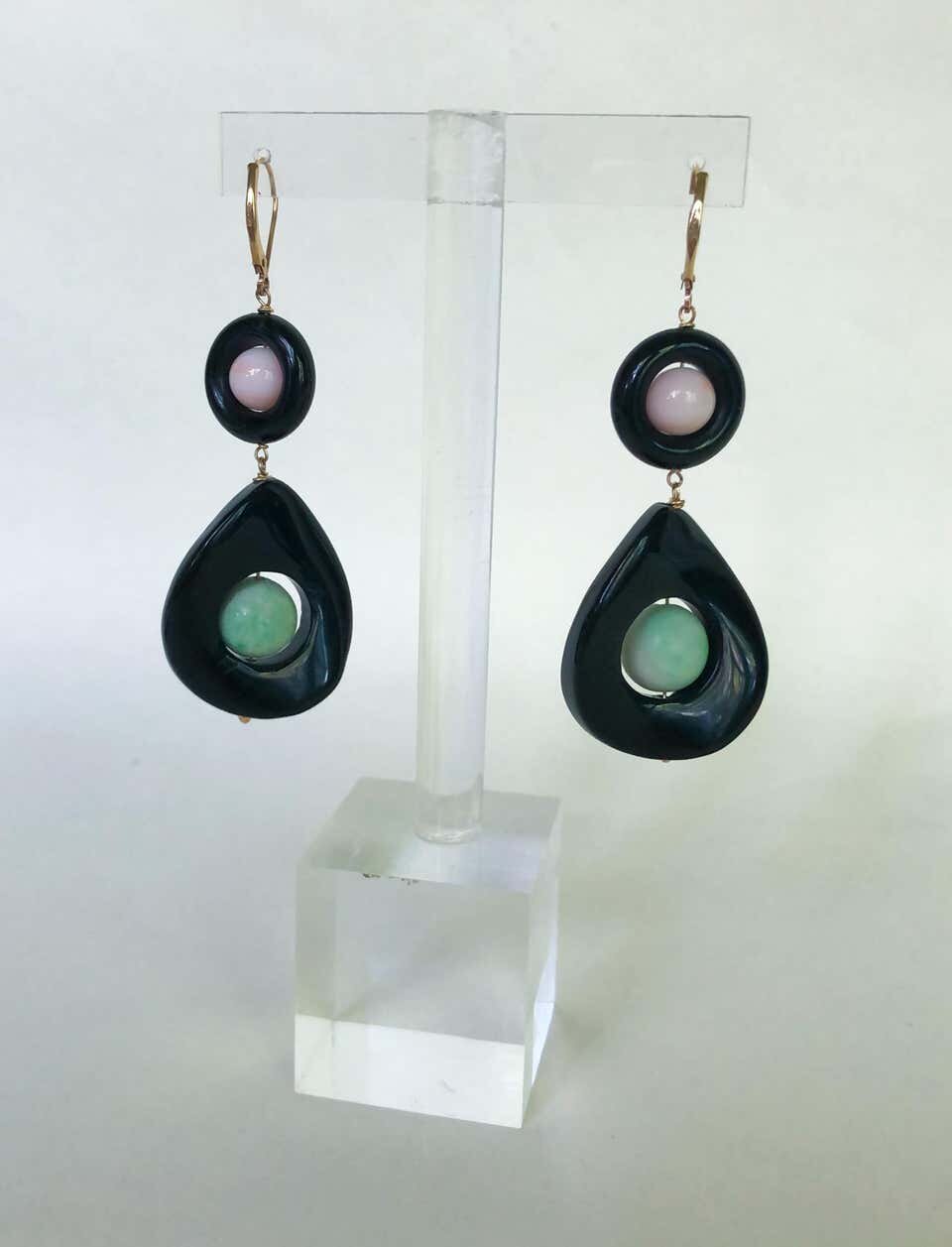 Pink Coral Onyx, and Jade Drop Earrings with 14 Karat Gold Lever-backs