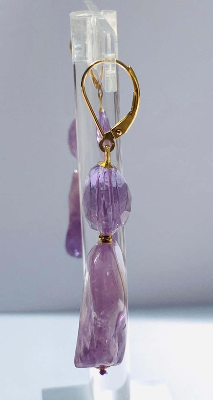 Amethyst and Solid 14k Yellow Gold Dangle Lever Back Earrings