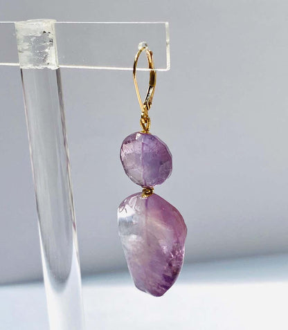 Amethyst and Solid 14k Yellow Gold Dangle Lever Back Earrings