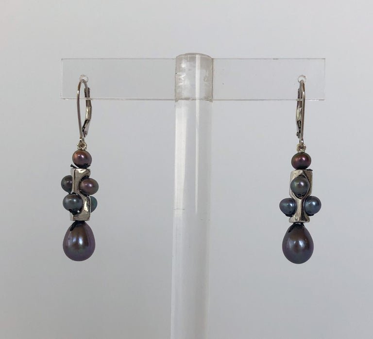 Unisex Infinity Earrings with Black Pearls and 14k White Gold Lever Back Hooks
