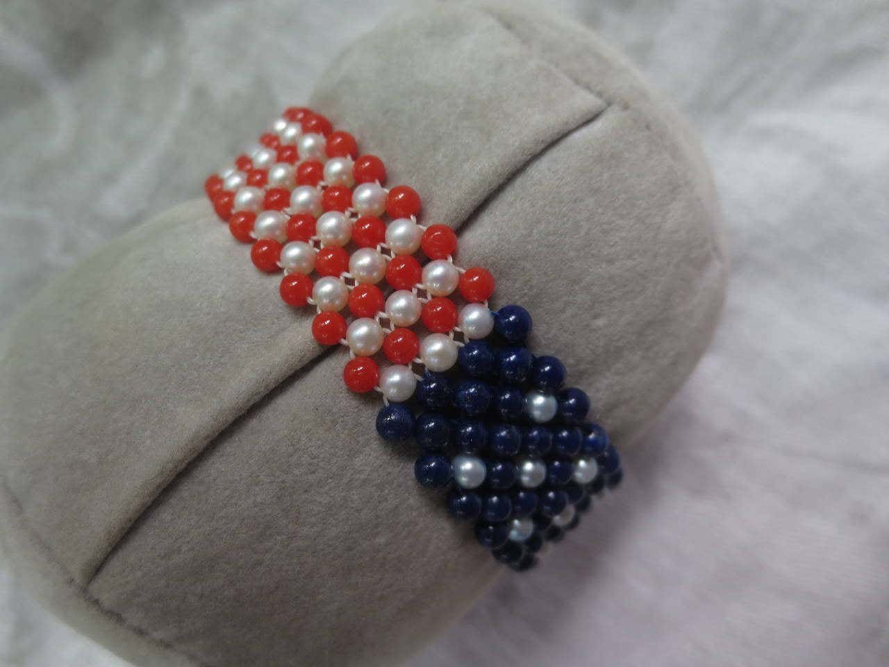 Unisex Pearl, Lapis & Coral Woven American Flag Bracelet with 14k Gold