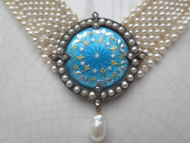 Marina J One of a kind Woven Pearl Necklace with Antique Blue Enamel Centerpiece