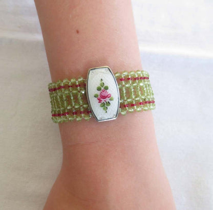 Woven Peridot, Ruby, Silver Bracelet With Vintage Enamel Centerpiece